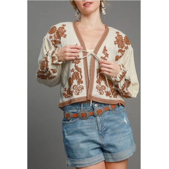 Umgee Linen Blend Lace Embroidered Jacket Cropped Puff Sleeve Size M Festival - Picture 2 of 12